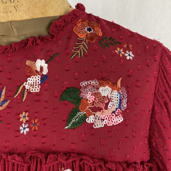 Zara Woman Floral Sequin Dress Embroidered Swiss Dot Burgandy Red Small - Picture 4 of 13